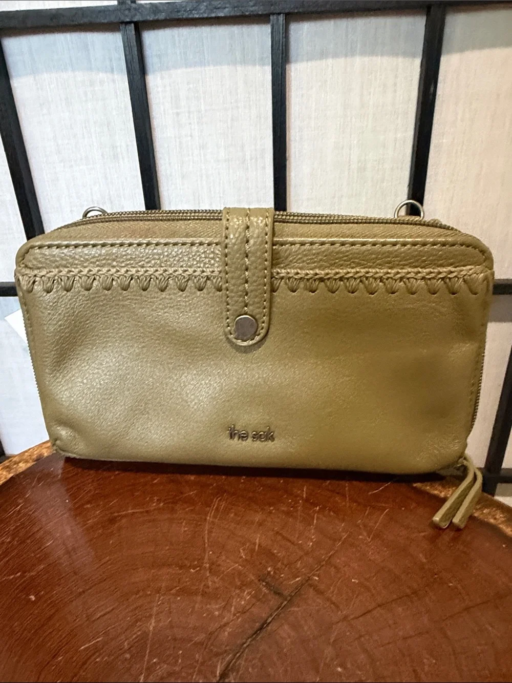 The Sak Iris Olive Wristlett Crochet Detail crossbody wallet NEW